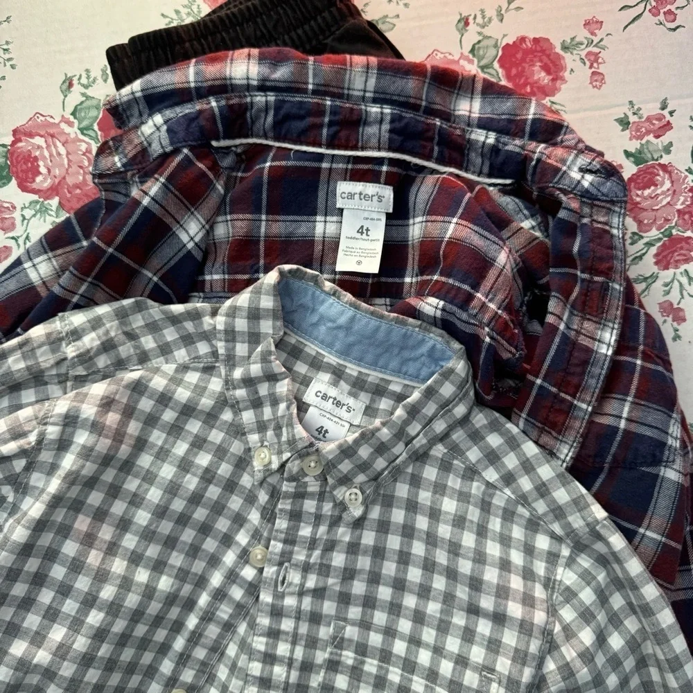 2- plaid long sleeve carters shirts and 1 pants